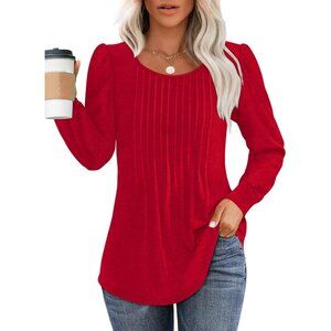 Fall Casual Pleated Scooped Neck Tunic Leggings Long Sleeve Shirts for Women